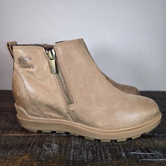 Sorel Evie II Womens Size 7 Zip Up Wedge Ankle Boots Waterproof Brown Leather - Picture 1 of 11